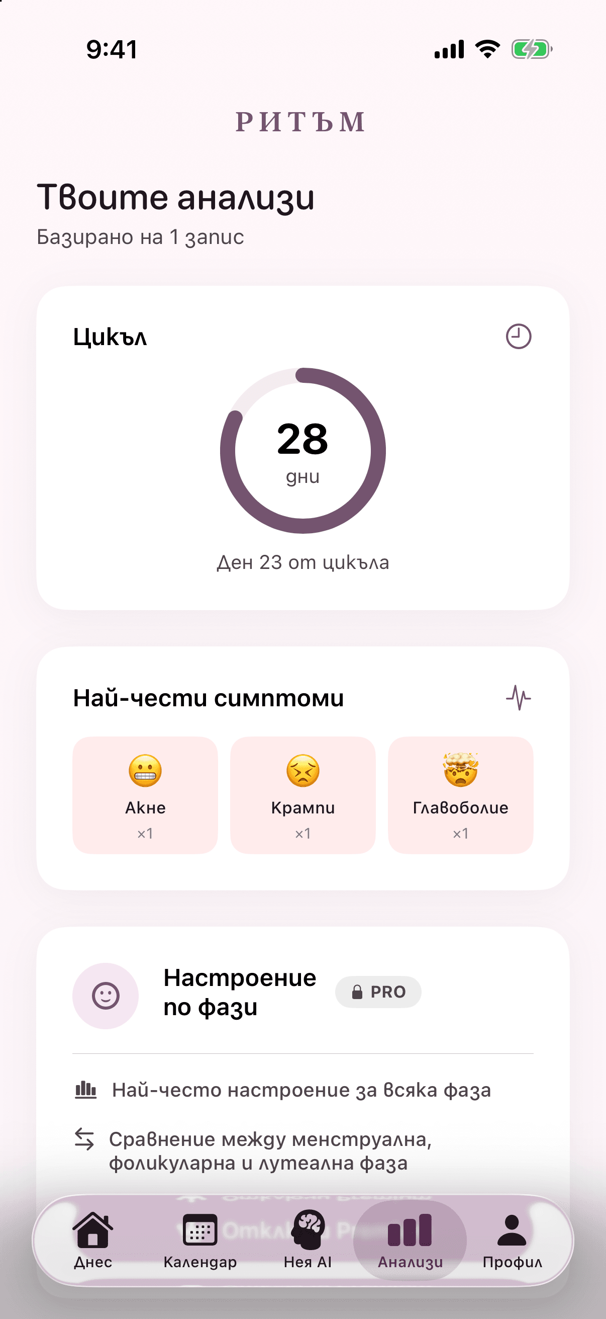 Екран с анализи и Premium функции в Ритъм